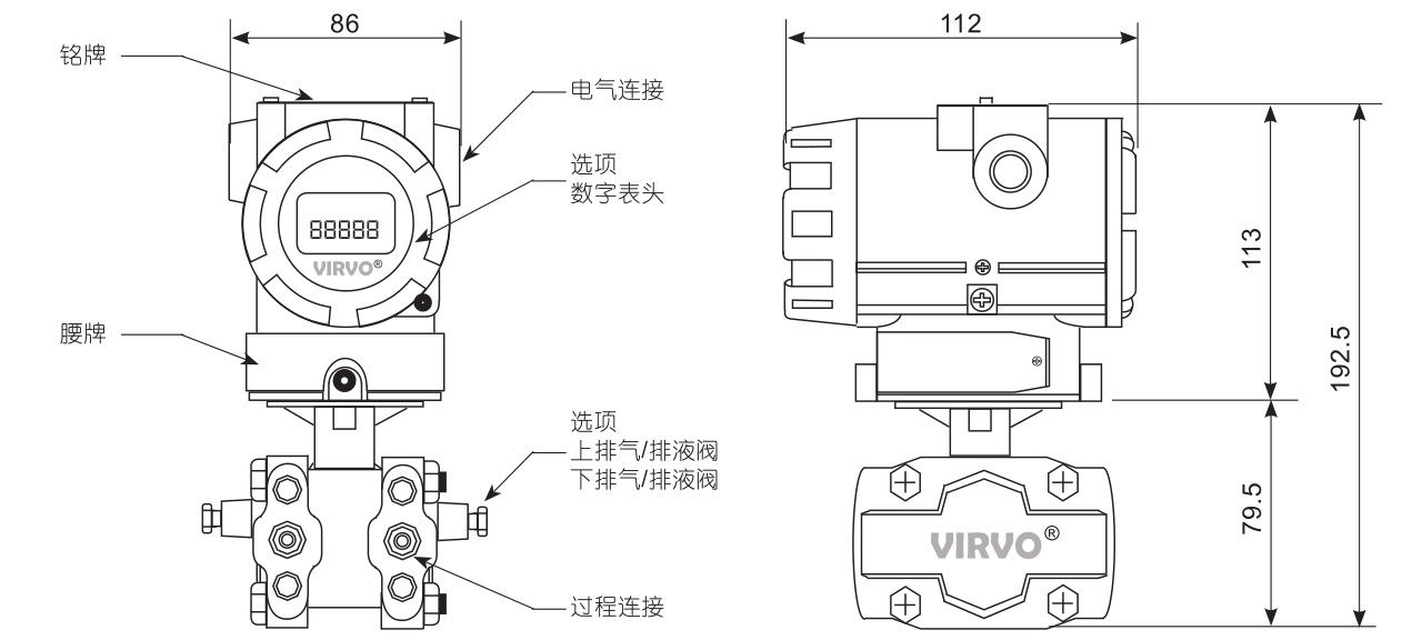 rp62系列全智能差压变送器-结构尺寸图